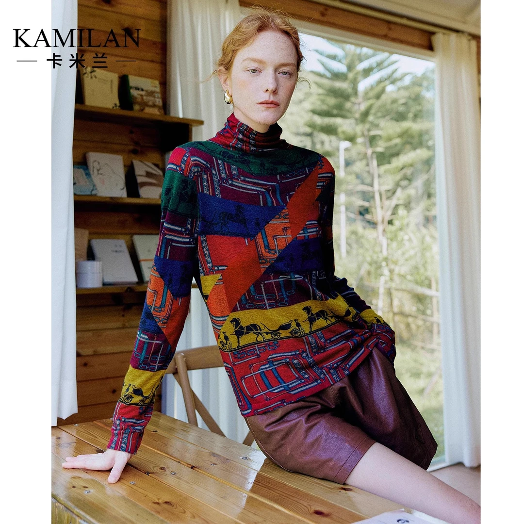 [100绵羊毛]卡米兰高领羊毛衫女2024秋季新款针织衫印花毛衣上衣