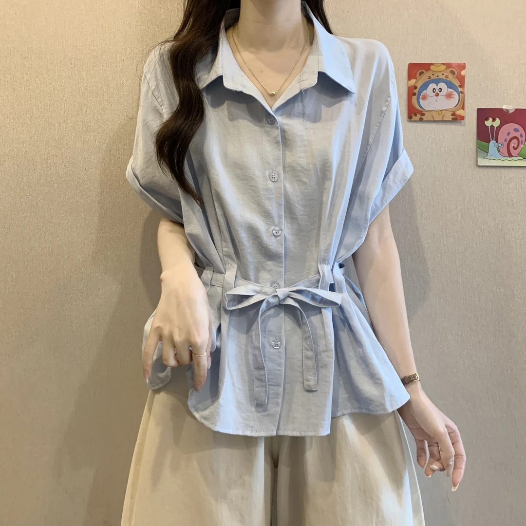 大码女装遮肚子Polo领短袖衬衫女夏季胖妹妹系带收腰显瘦百搭上衣