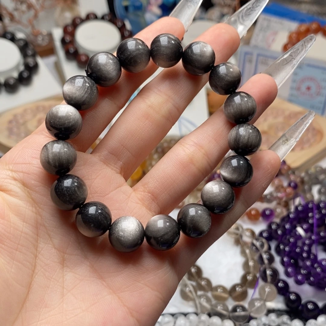 黑曜岩未镶嵌手链银曜石手串12+