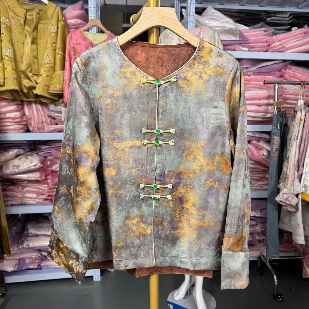 [玉州]薄款直襟碎花常规款刻花花萝上衣新中式小衫