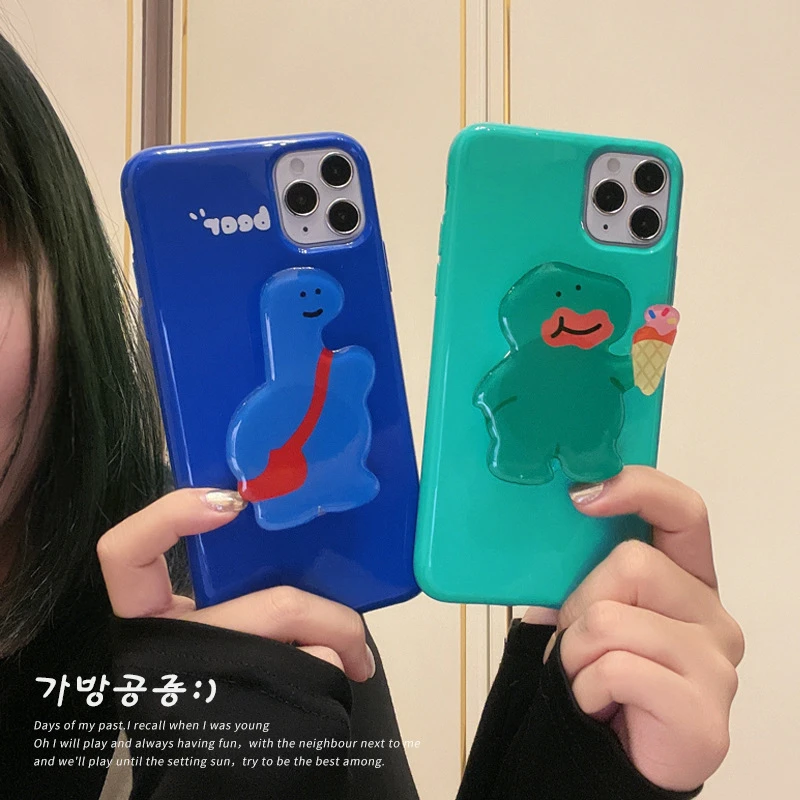 韩式ins可爱恐龙支架苹果15promax手机壳14适用iphone11情侣X软13