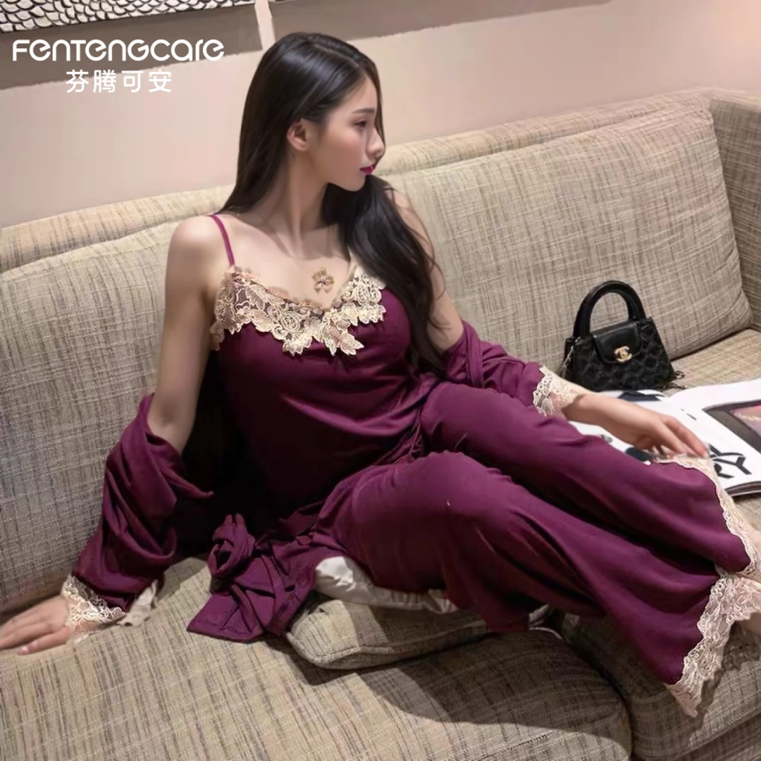 芬腾可安睡衣女德绒性感吊带三件套秋冬高级感轻奢气质保暖家居服