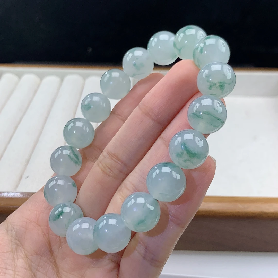 3.1-11-缅甸天然翡翠A货 男款飘花手串尺寸:12.7mm 17颗粒