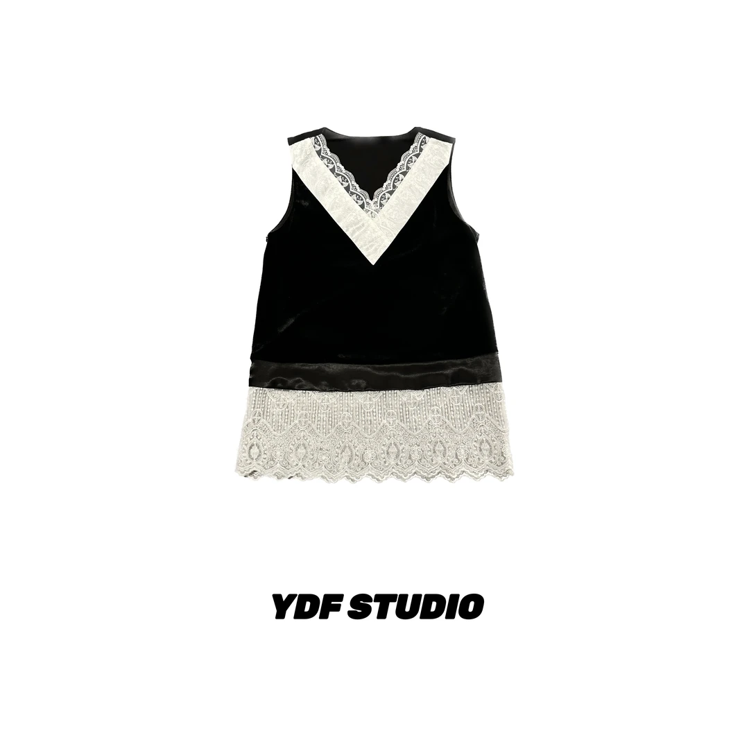 YDFSTUDIO小众【琉璃爵士】欧货高品重工蕾丝拼接设计百搭V领背心