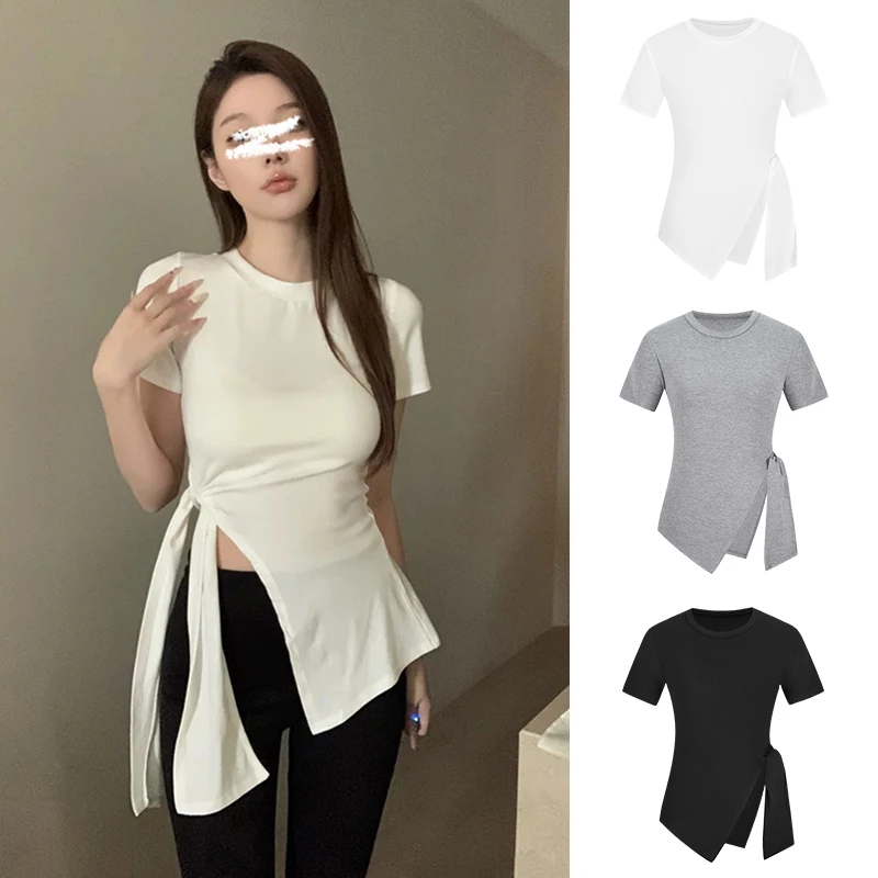 Moses Queen/魔西女王设计感掐腰系带短袖T恤修身显瘦正肩上衣