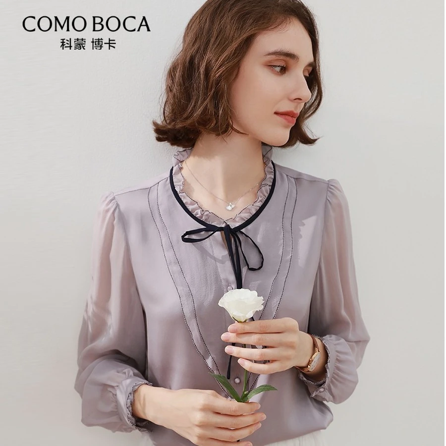 COMOBOCA/科蒙·博卡春夏桑蚕丝衬衫女荷叶边百搭小衫KXRX001606