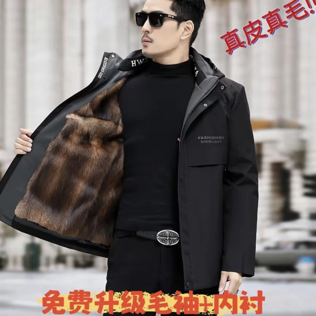 男士冬季必备真皮真毛连帽保暖派克服商务休闲活里活面可拆卸外套