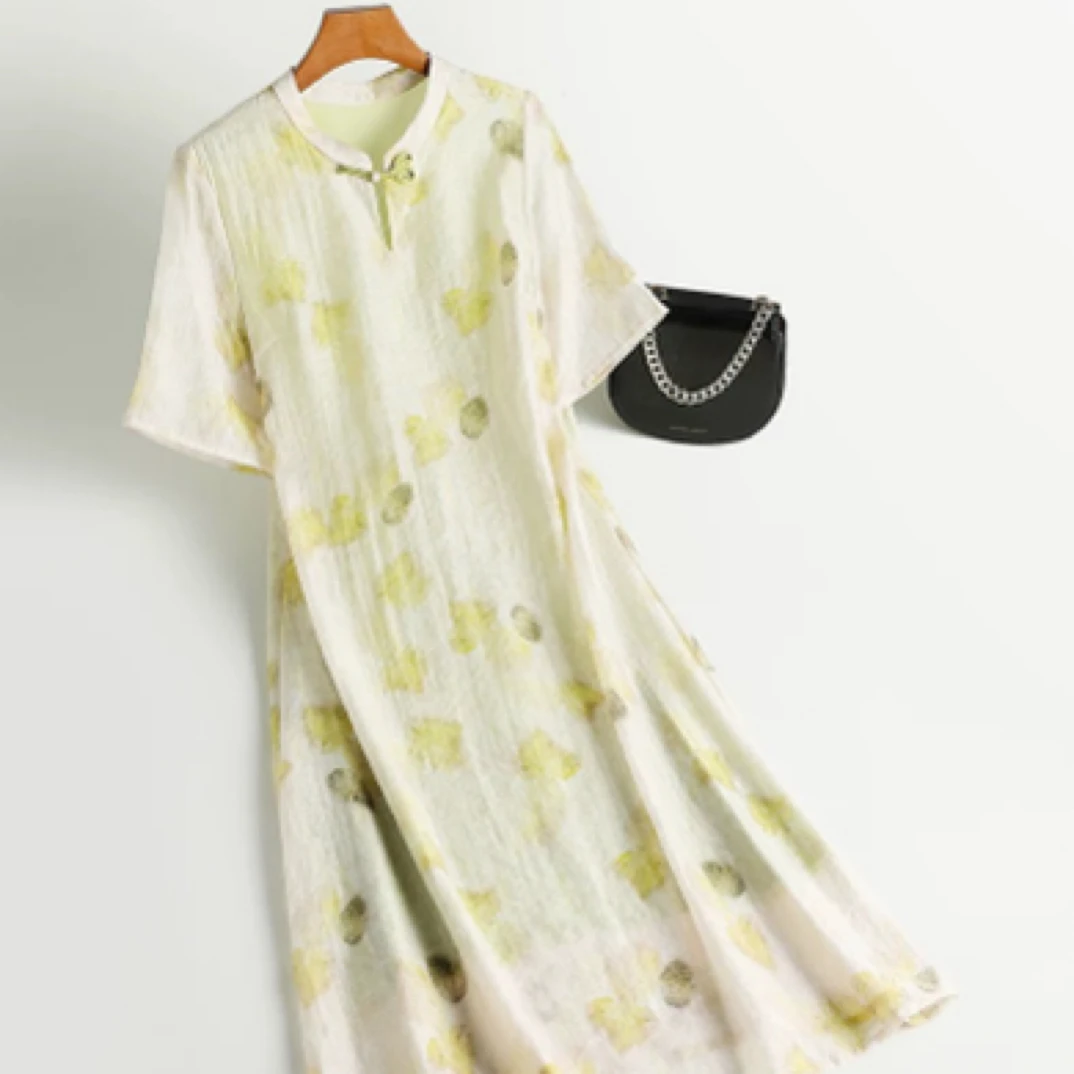 （春烟扶柳）2025国风真丝桑蚕丝妈妈装连衣裙