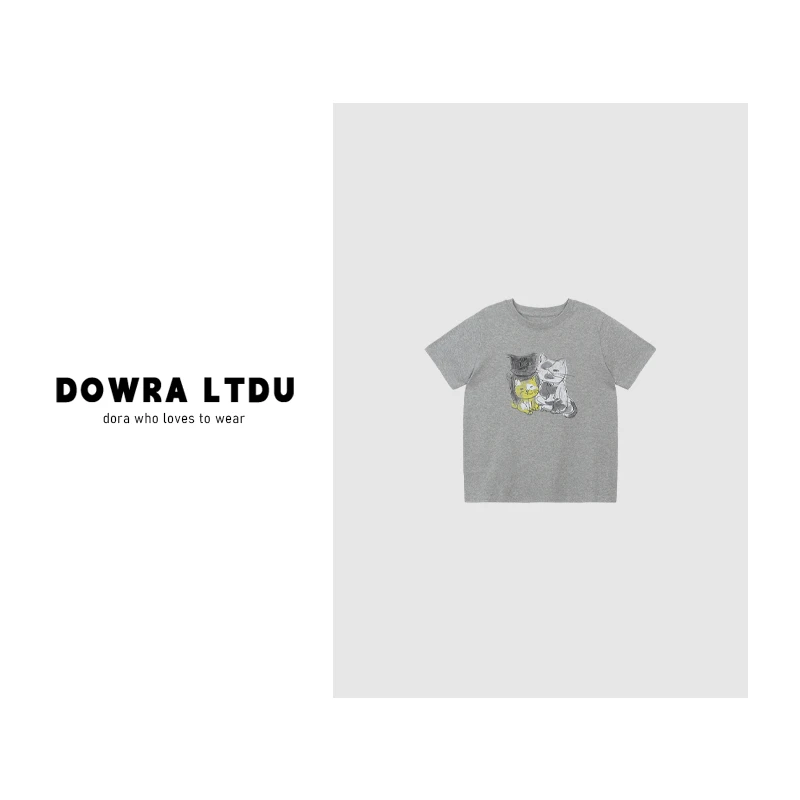 朵拉【艺术小咪】2025年夏季新款圆领小猫百搭短袖T恤女潮016-10255