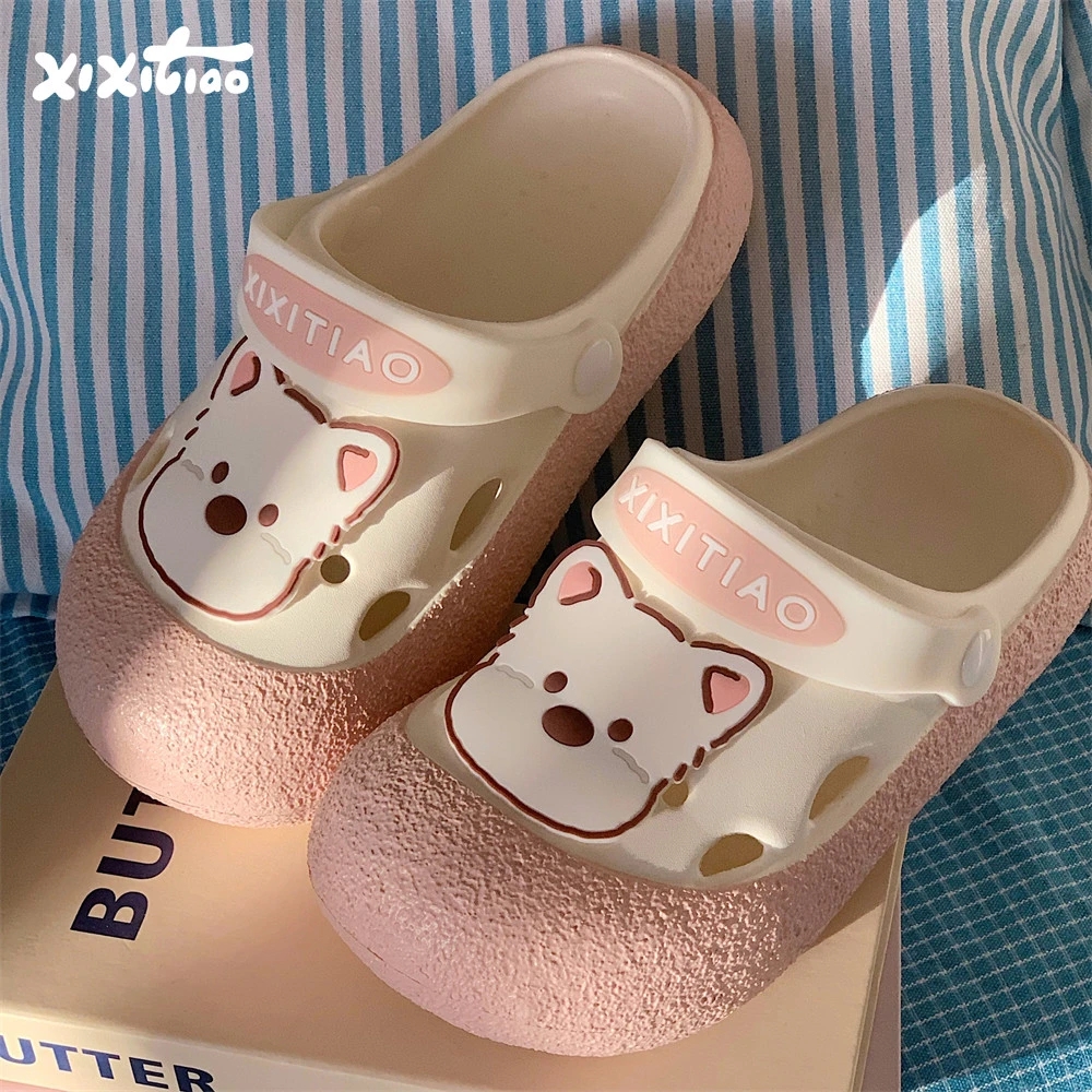 细细条 包头凉拖鞋女士休闲防滑夏可爱呆萌小白狗百搭拼色洞洞鞋