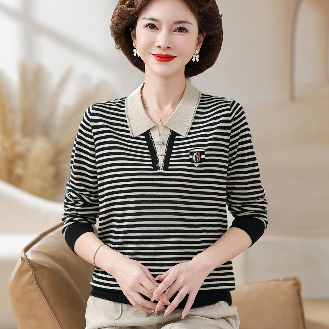 妈妈装春款针织小衫薄条纹上衣中老年女装春季新款翻领打底衫洋气