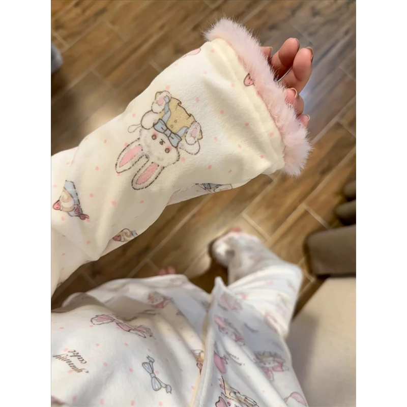 【毛绒兔子】可爱德绒睡衣女春秋季新款设计感毛边保暖加厚家居套装