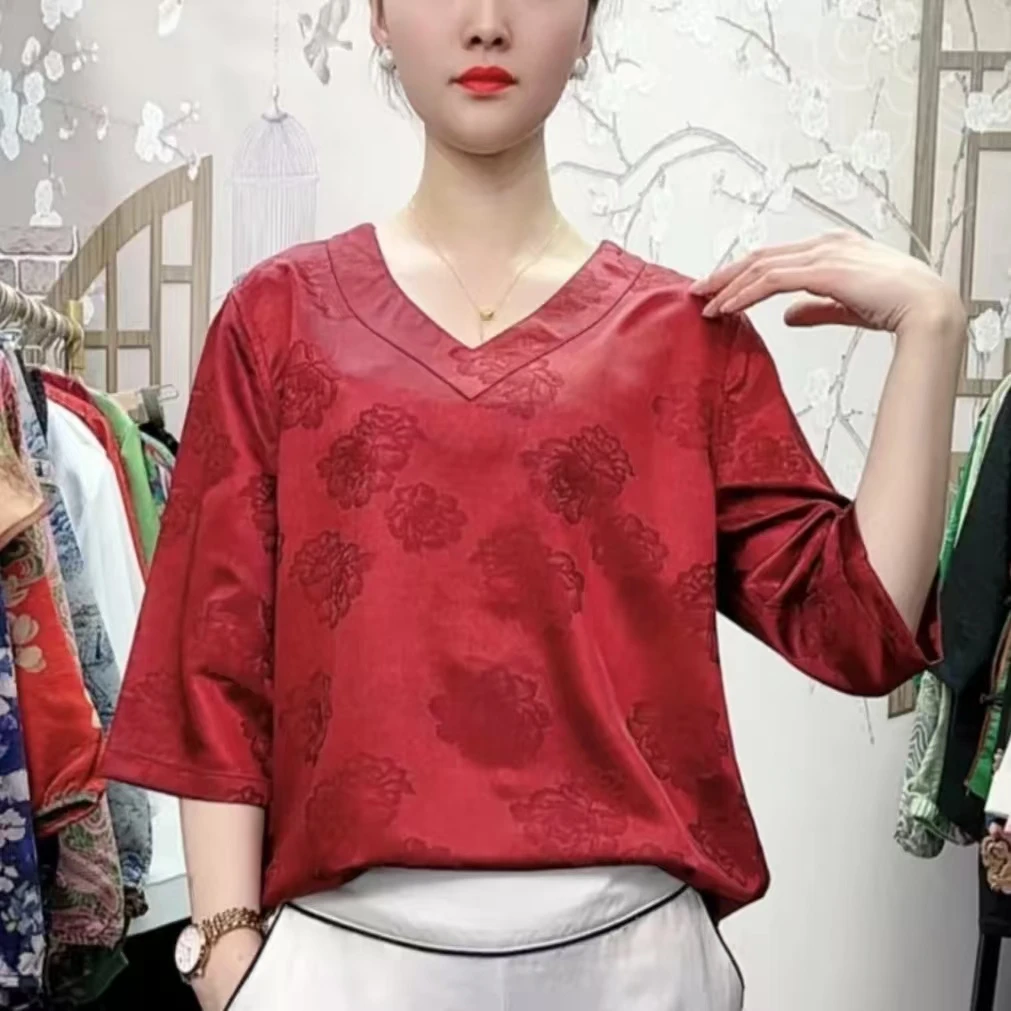 双面穿-高定花萝气质百搭V领小衫显瘦洋气女士宽松中袖复古时尚