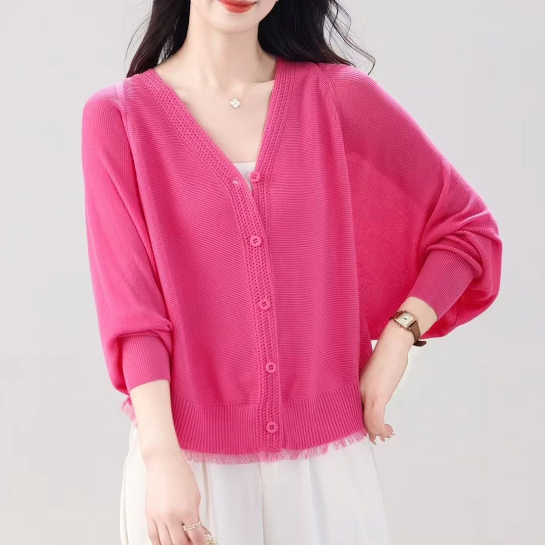 时尚开衫蝙蝠衫毛针织衫上衣纯色女春夏空调衫毛衣防晒衣