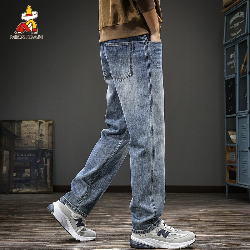 Mexican/稻草人春季水洗直筒牛仔裤男款美式户外休闲宽松弹力长裤