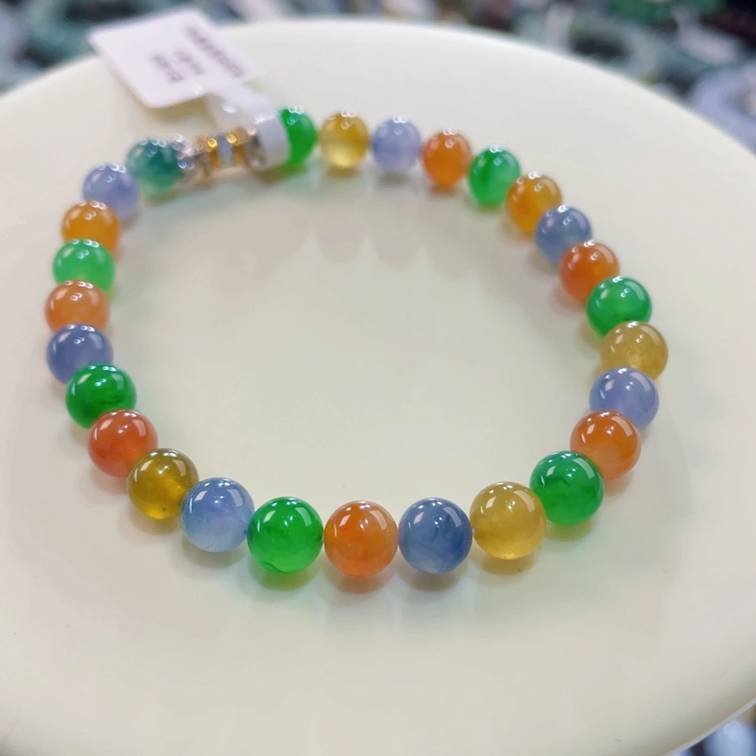 未镶嵌手链翡翠卡6冰彩虹糖，种色兼备