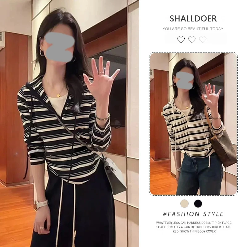 日系慵懒条纹连帽衫女2025秋季新款设计感假两件显瘦长袖T恤上衣