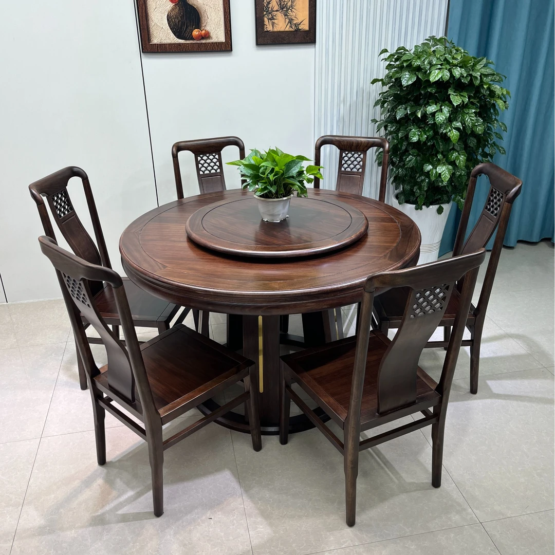 【乌金木】新中式简约全实木餐桌椅圆桌复古餐厅大圆桌带转盘