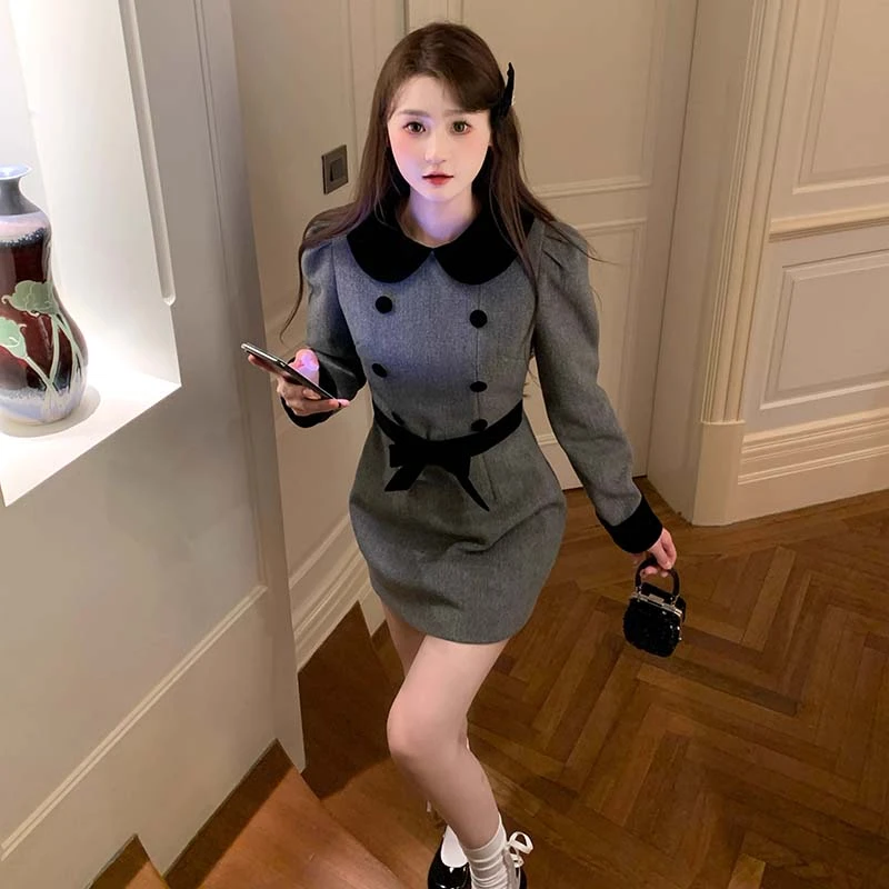 【有里布】拼色娃娃领蝴蝶结显瘦a字连衣裙QJ0244