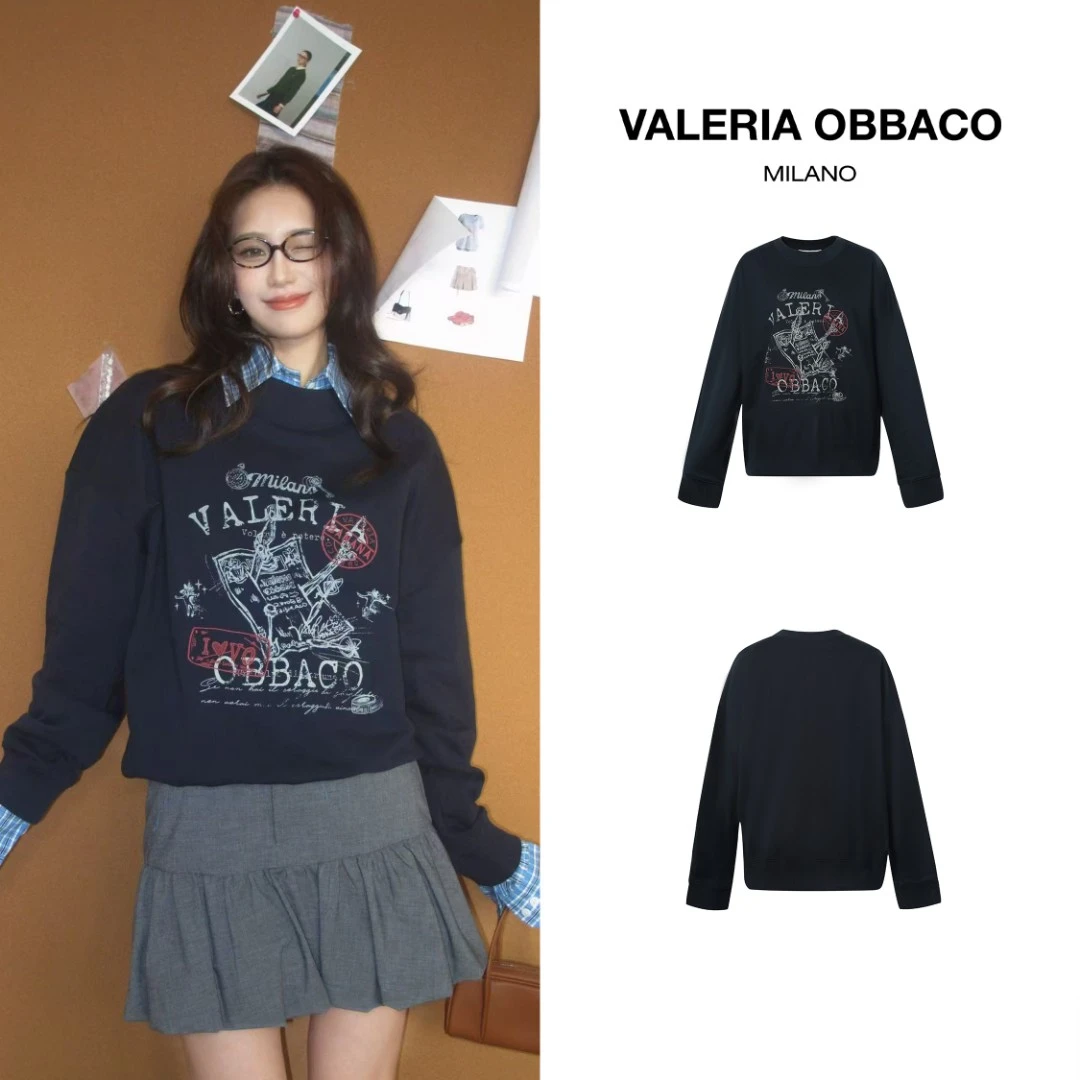 VALERIAOBBACO/瓦莱丽娅 奥贝科VO藏青色印章涂鸦卫衣
