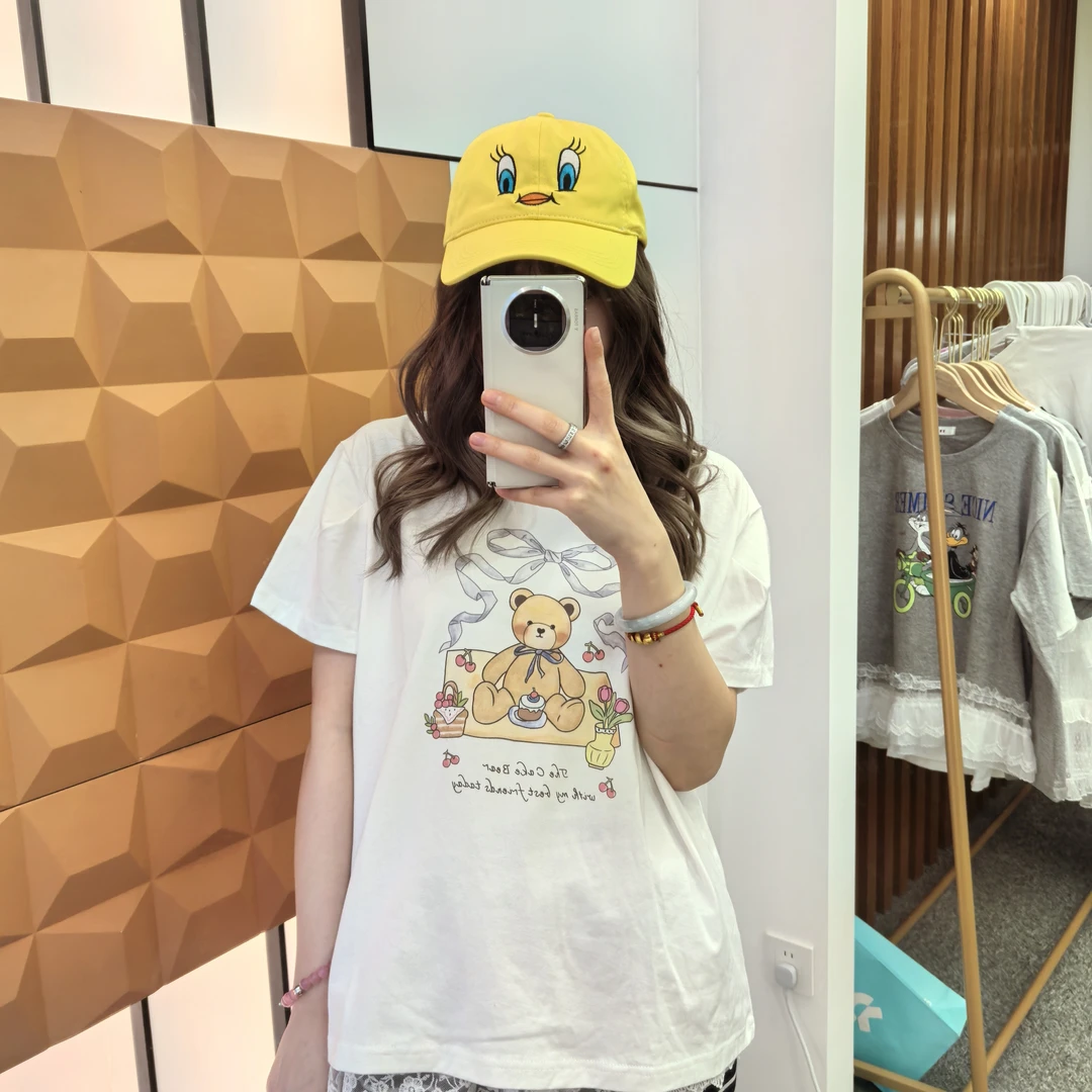 浮力~25夏韩代 简约甜美印花小熊捏褶袖子设计感短袖T恤 上衣