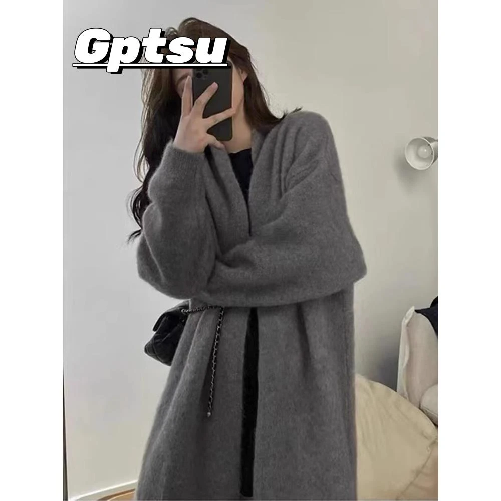 GPTSu慵懒感过膝中长款针织开衫女宽松甜美软糯温柔纯色毛衣外套