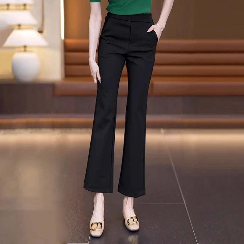 拉夏贝尔黑色九分微喇裤女春夏季2025新款高腰显瘦气质休闲喇叭裤