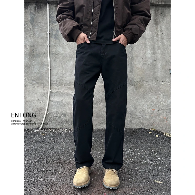 Entong美式高街cleanfit黑色牛仔裤男款立体剪裁街头宽松直筒裤子