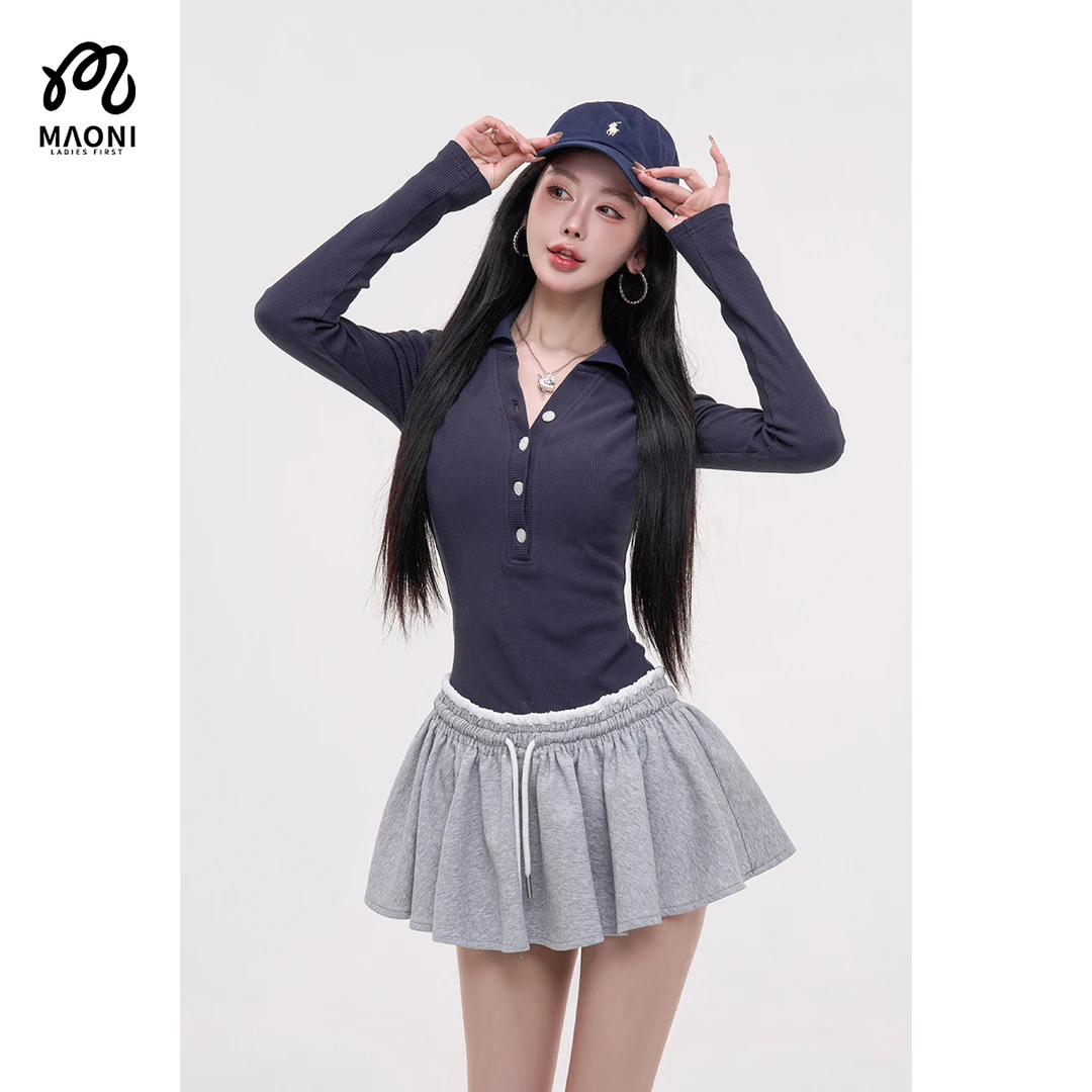 毛妮LADIESFIRST【钓系纯欲】配短裤半开领撞色连衣裙女早秋L2259