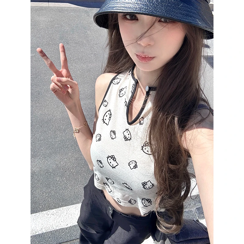 甜虾派 Kitty收藏家 潮流卡通印花背心女设计小众出街露脐短上衣