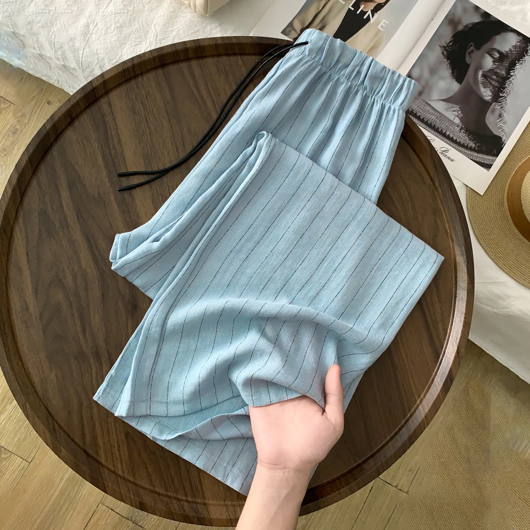 艾格松弛感条纹阔腿裤女夏季2025新款慵懒风垂感显瘦直筒休闲长裤