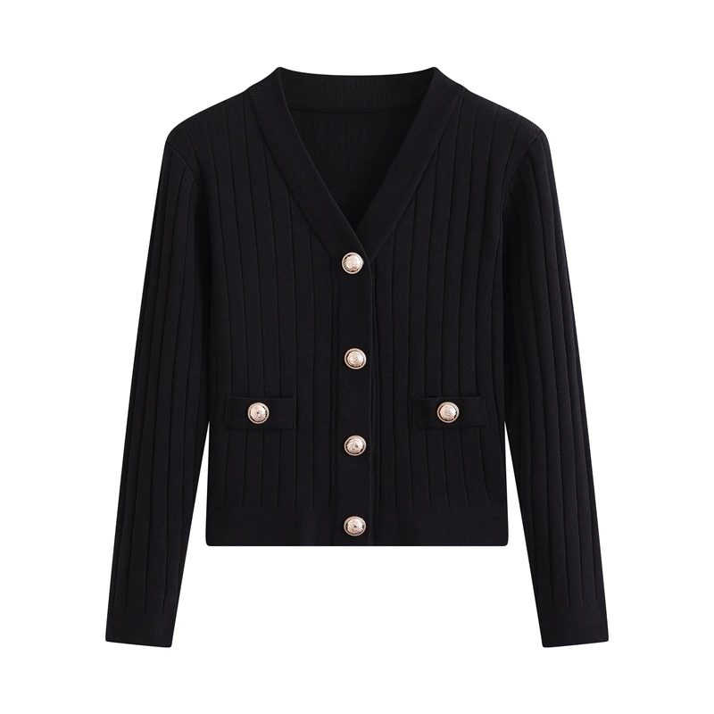 复古减龄V领拼接落肩袖针织开衫女士打底7076