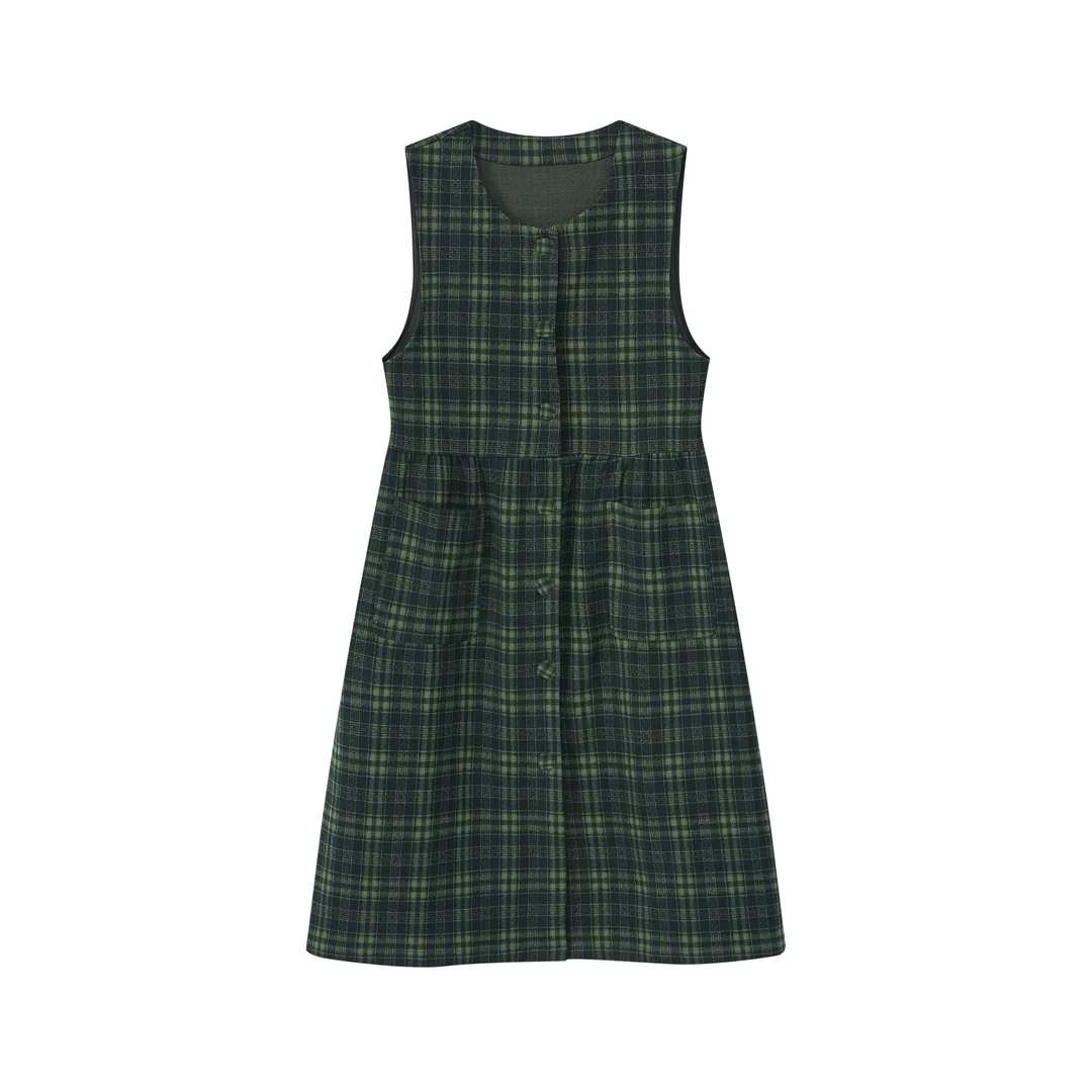 2024款新款洋气休闲显瘦时尚气质宽松收腰中长款格子马甲裙7725