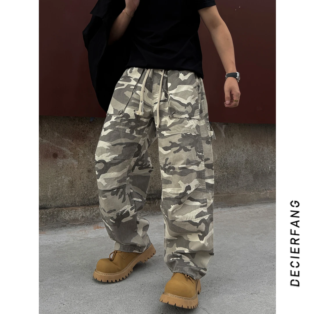 水洗做旧阔腿宽松直筒迷彩美式户外复古高街工装裤迷彩裤多口袋裤