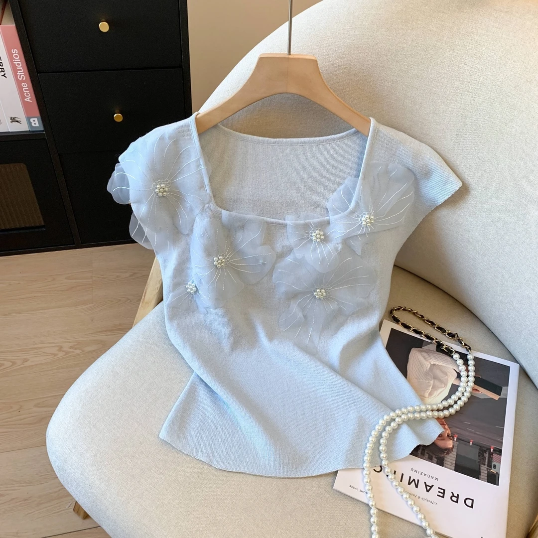 法式重工立体花朵短袖针织衫夏季新款温柔气质飞飞袖修身上衣小众