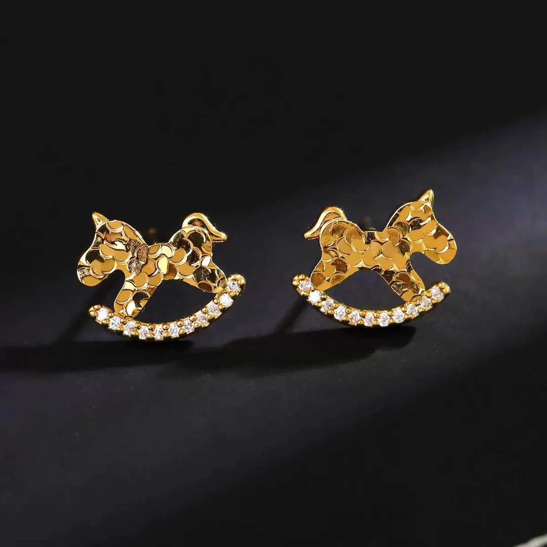 铜合金耳饰 马上有钱碎冰冰金色旋转木马耳钉轻奢气质耳饰v21