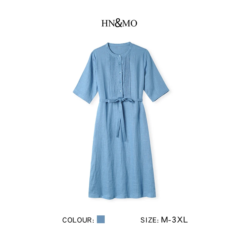 韩穆KA69601春夏新款亚麻文艺通勤气质显瘦中长连衣裙