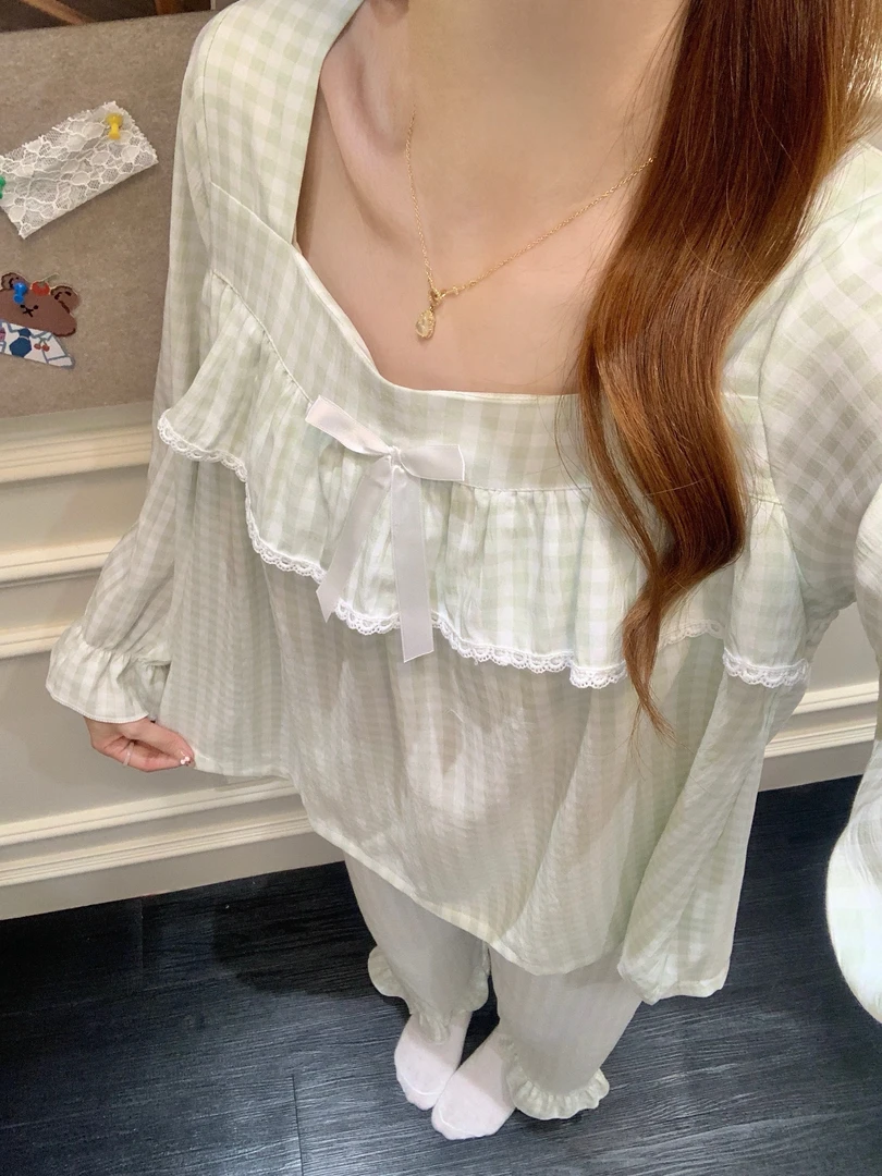 【带胸垫】韩系格子可爱春秋季睡衣女长袖长裤云朵棉外穿家居服套装