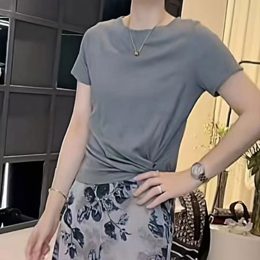 百搭简约纯色上衣夏季女新款设计感打结收腰显瘦短袖时尚圆领T恤1