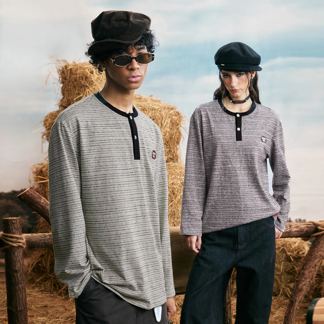 WAITINGWAVE亨利领条纹长袖潮流复古宽松显瘦男女同款T恤上衣