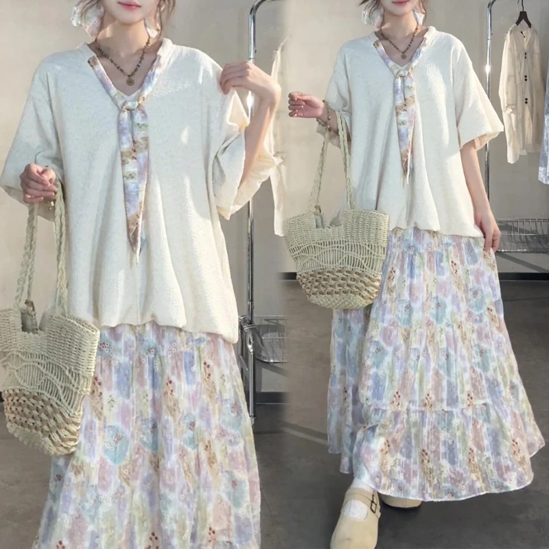 潮流一整套穿搭女士2025年夏季新款V领短袖衬衫印花半身裙两件套