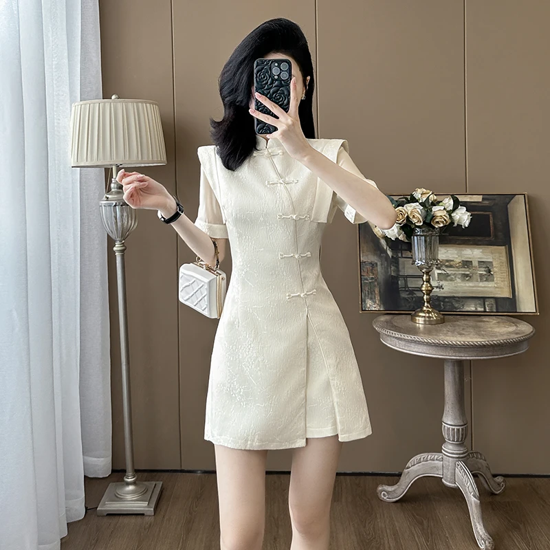 夏季时尚改良国风新中式盘扣套装女气质修身显瘦绝美旗袍裙两件套