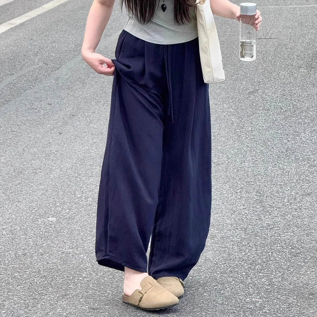 大码天丝亚麻弯刀裤女夏季薄款胖妹妹遮肉显瘦垂感阔腿冰丝休闲裤