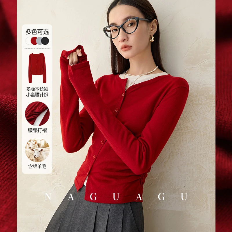 【小蛮腰针织】甄选16针丝光V领小飞袖打褶收腰长袖针织春显瘦