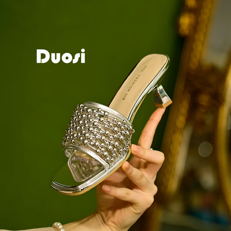 【DUOSI】5.5cm编织时尚一字凉拖鞋女夏新款外穿方头细跟高跟鞋723