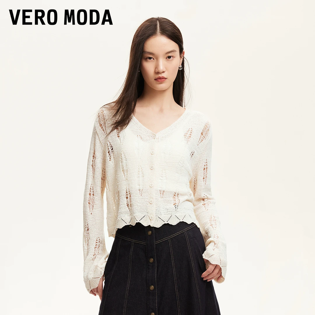 Vero Moda针织衫女2025夏季新款肌理感勾花镂空纯色开衫