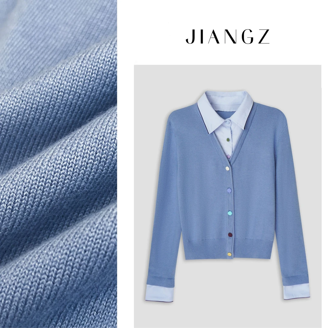 江洲【浅梦】早秋新款智性风短时尚休闲百搭假两件针织毛衣开衫