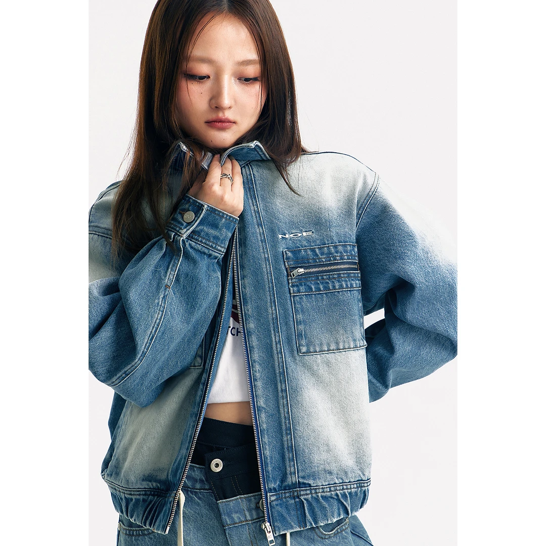 NO ONE ELSE美式复古女装秋季字母刺绣磨白口袋夹克翻领牛仔外套