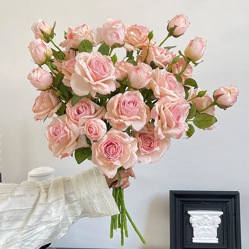 3头焦边玫瑰仿真花复古秋色多头假花家居客厅装饰花婚礼摄影道具