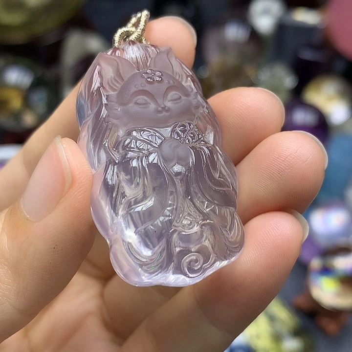 未镶嵌珠宝半成品水晶净体冰透粉水晶九尾吊坠